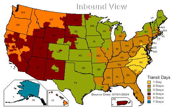 Пример карты UPS U.S. Ground Map, входящий вид Пример карты UPS U.S. Ground Map, входящий вид