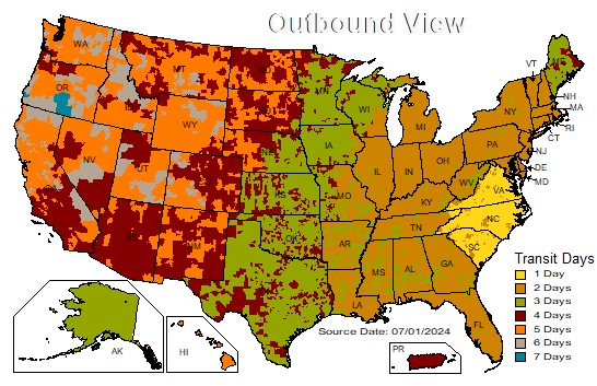 Пример карты UPS U.S. Ground Map, исходящий вид Пример карты UPS U.S. Ground Map, исходящий вид